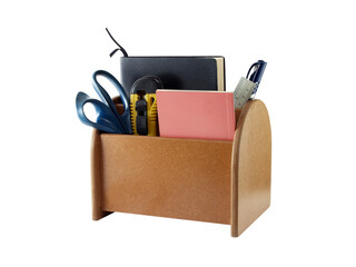 desk organizer with office supplies and stationery isolated on transparent