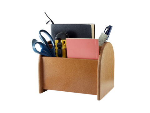 desk organizer with office supplies and stationery isolated on transparent