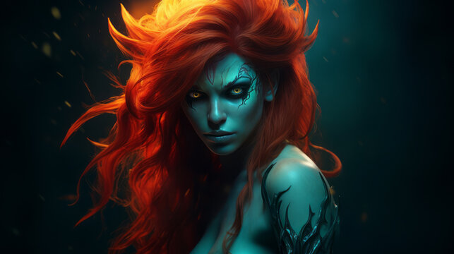 Red haired female devil on dark background. 