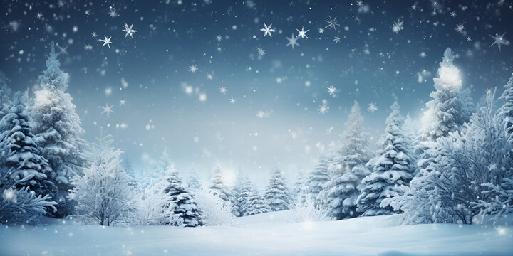 Winter Christmas background at night, Snowy landscape with falling snowflakes, A serene winter landscape with snowcovered trees and a gentle falling snow, generative AI


