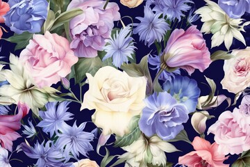 Watercolor pattern featuring realistic rose, peony, and iris. Generative AI