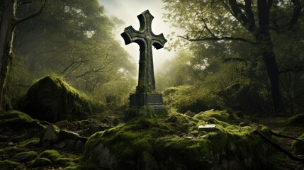 Old overgrown cemetery grave with a weather worn stone cross covered in green moss tombstone, dimly lit and hidden in remote part of the misty woods. - obrazy, fototapety, plakaty