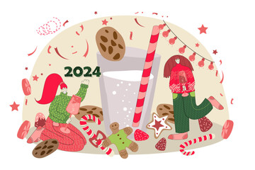 Naklejka premium vector illustration on the theme of Christmas and New Year in flat style. Vector illustration with people celebrating New Year in flat style. Christmas 2024