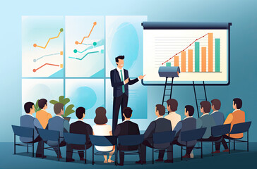 Presentation, education, learning business illustration. The business team listens to the teacher. ai