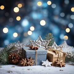 Fototapeta na wymiar christmas and new year background - gift boxes and pine cones and branches on the background of bokeh garlands with little snowflacks and cookies | Generative AI