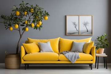 Chic white wall living room with a yellow sofa and decoration, offering a clean and sophisticated backdrop