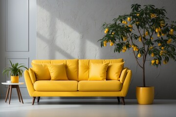 Chic white wall living room with a yellow sofa and decoration, offering a clean and sophisticated backdrop