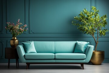 Elegant empty living room with a blue sofa, plants, and a table on an empty green wall background, creating a serene and luxurious atmosphere