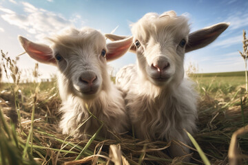 Baby cute grass farming goat rural summer landscape sun domestic green animals