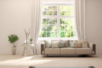 Bright interior design with modern furniture and summer landscape in window. 3D illustration