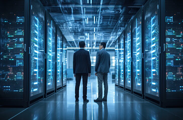 Two business people in modern server room, data centre or mining farm interior with beautiful neon lights reflections. ai