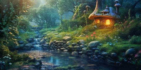 A small fairy tale house in dark fantasy forest, miniature woodland cottage made by gnomes and trolls - obrazy, fototapety, plakaty