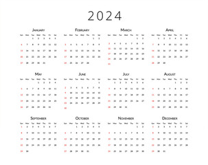 Print calendar template 2024 with months, weeks and dates. Planer design for personal and business use - obrazy, fototapety, plakaty