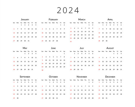 Print calendar template 2024 with months, weeks and dates. Planer design for personal and business use