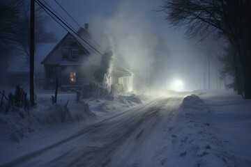 Snowstorm sweeping rural road. Generative AI