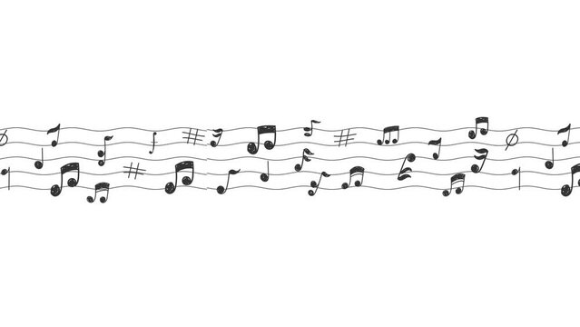 Beautiful wave of music notes flowing curly on white background 4K video
