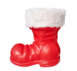 Holiday Christmas Santa red boot with white fur isolate, close-up. Concept for postcard,...