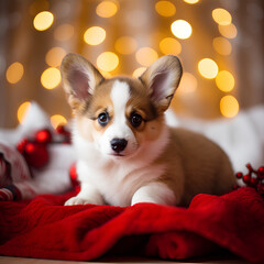 Christmas card with corgi in cozy festive decorated room. New year time, year of dog.Photo created with generative AI technologies