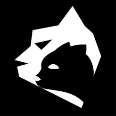 Emblem on a black background with a white cat head in the middle of which is a black cat head