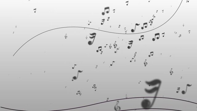 Animation with many music notes flowing on light background