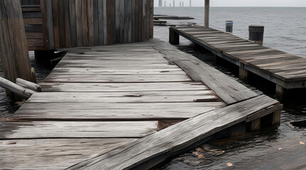 Abandoned dock weathered wood aged gray and splintered from water - Generative AI