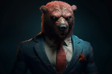 Bear in human body wearing suit. Business office outfit on wild animal. Generate ai - obrazy, fototapety, plakaty