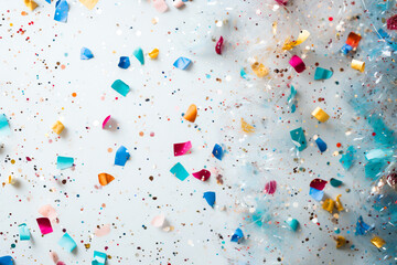 coloured confetti and streamers as a white New Year's background. AI generativ.