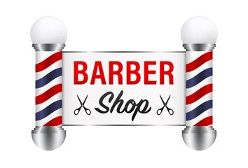 Barber Shop. Two old fashioned vintage silver and glass barbers holding a barber sign. Barber pole isolated on white background. The concept of beauty salons and haircuts. Vector illustration