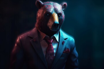 Bear in human body wearing classic suit. Brown grizzly in role of business manager. Generate ai - obrazy, fototapety, plakaty
