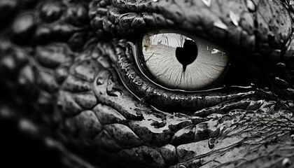 a black & white close shot, eye of an alligator	 - obrazy, fototapety, plakaty