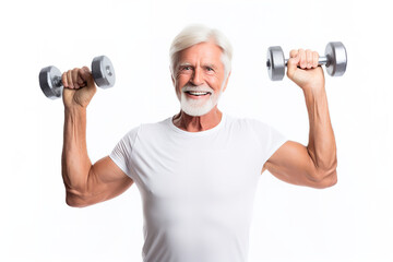 An elderly man is using free weights to build arm strength with guidance from a physical therapist clear white background