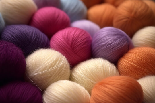 Different color wool balls on texture background, closeup view