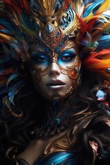 Beautiful woman in black mysterious venetian mask. AI Generated