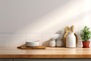 Fototapeta na wymiar Minimal cozy counter background with bright wood counter white Set of utensils in the kitchen,