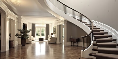 a room with a circular staircase, giving the impression of luxury, simple, elegant