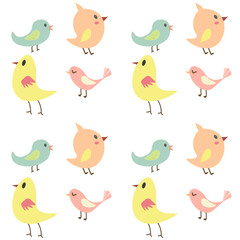 Seamless pattern of cute birds. Vector flat design, kids illustration. Cartoon style.	
