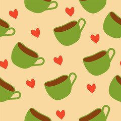 Seamless pattern with cup of hot drink. Tea, coffee. Vector, flat design, doodle style.	