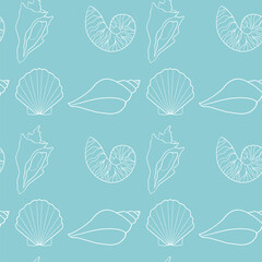 Seamless pattern of seashells. Vector, print, textile, wrapping paper, background.