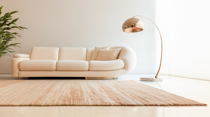 Mock-up of a living room with a rounded-edge asymmetrical beige sofa
