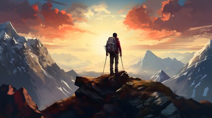 Hiker standing on top mountain, mountain and sky view. - obrazy, fototapety, plakaty