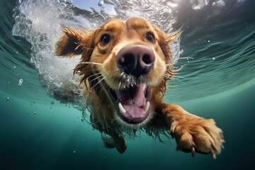 a smiling dog jump into a water, underwater photography	