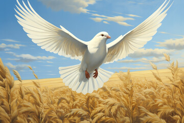 A white dove flies over a field of wheat against a blue sky