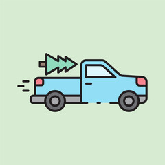 christmas pickup truck icon with lineal color style
