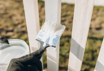 beautiful asian woman paints a wooden fence with white paint.