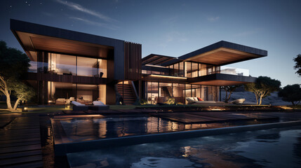 Modern house with swimming pool at sunset. Luxury villa