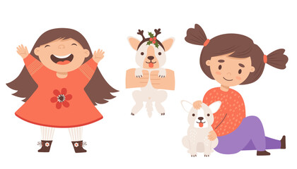 Child and dog. Christmas gift puppy and happy girl with pet. Isolated child character with animal. Vector illustration in cartoon style. Kids collection