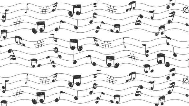 Three waves of music notes flowing curly on white background 4K video
