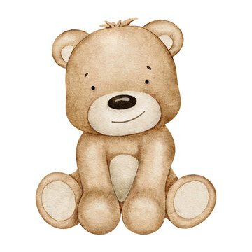 Teddy bear toy is sitting. Plush baby toy. Watercolor hand drawn illustration. Isolated. Ideal for baby shower, postcards, invitations, fabric, children's room design, logo