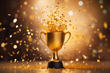 Golden award trophy with splashing confetti