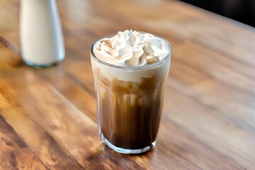 Eiskaffee mit Schlagsahne im Glas auf gelbem Hintergrund